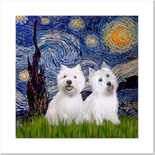 Starry Night Adapted to Include Two West Highland Terriers Posters and Art